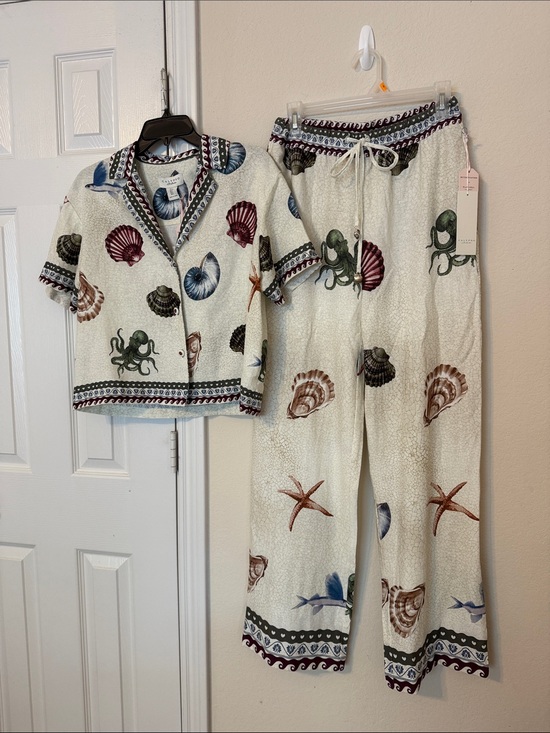 Calypso St. Barth Pants - Calypso St. Barth Cream Nautical Shell & Octopus Wide Leg Pant Set